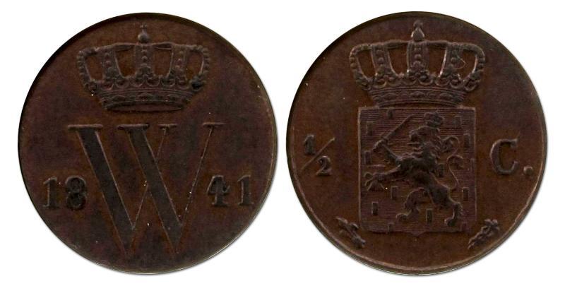1/2 cent Willem II 1841. Prachtig +.                                                                                                                                                                                                                           