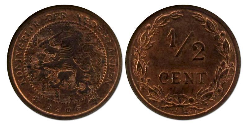 1/2 cent Wilhelmina 1906. Prachtig +.                                                                                                                                                                                                                          