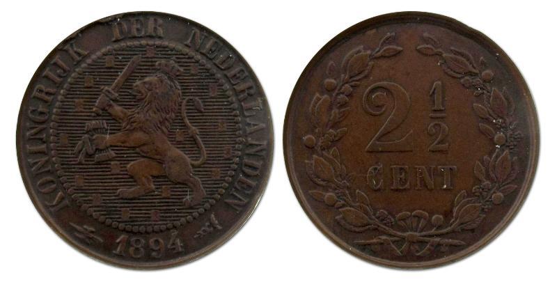 2 1/2 cent Wilhelmina 1894. Prachtig + (tik in rand).                                                                                                                                                                                                          