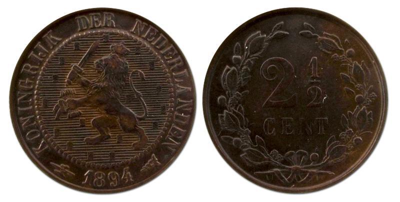 2 1/2 cent Wilhelmina 1894. Zeer Fraai / Prachtig.                                                                                                                                                                                                             