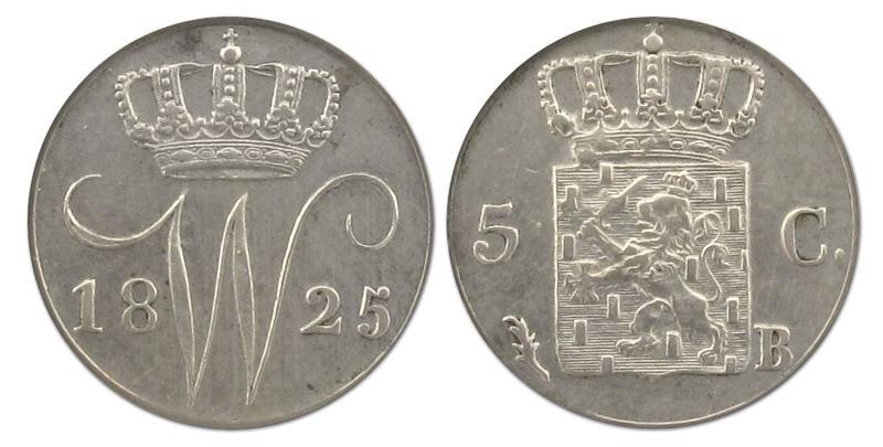 5 cent Willem I 1825 B. Prachtig.                                                                                                                                                                                                                              