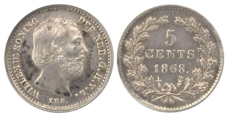5 cent Willem III 1868. Prachtig.                                                                                                                                                                                                                              