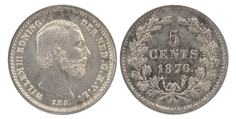 5 cent Willem III 1876. Prachtig +.                                                                                                                                                                                                                            