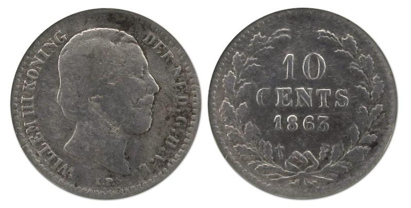 10 cent Willem III 1853. Fraai.                                                                                                                                                                                                                                