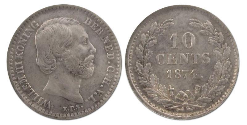 10 cent Willem III 1874 (zwaard met klaverblad uiteinde). Zeer Fraai +.                                                                                                                                                                                        