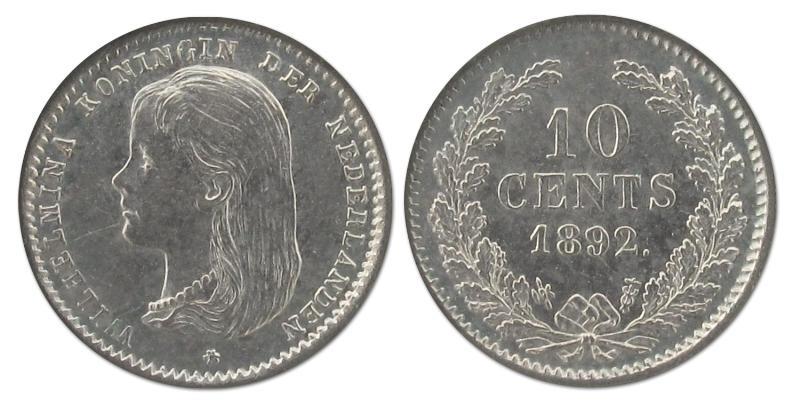 10 cent Wilhelmina 1892. Prachtig -.                                                                                                                                                                                                                           