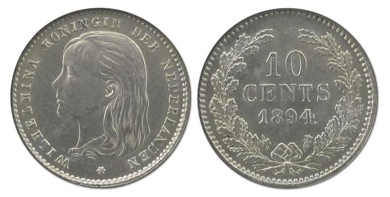 10 cent Wilhelmina 1894. Prachtig +.                                                                                                                                                                                                                           