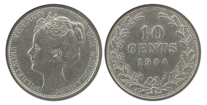 10 cent Wilhelmina 1904. Zeer Fraai +.                                                                                                                                                                                                                         