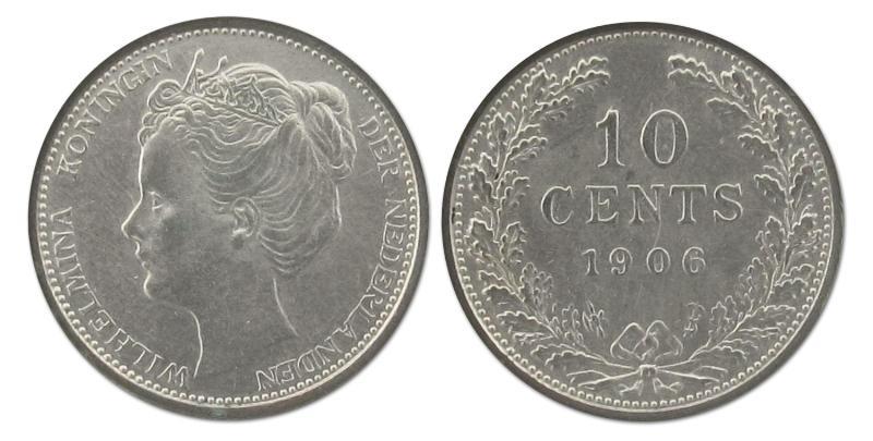 10 cent Wilhelmina 1906. Zeer Fraai +.                                                                                                                                                                                                                         