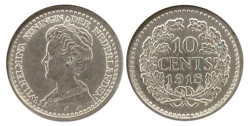 10 cent Wilhelmina 1918. Prachtig.                                                                                                                                                                                                                             