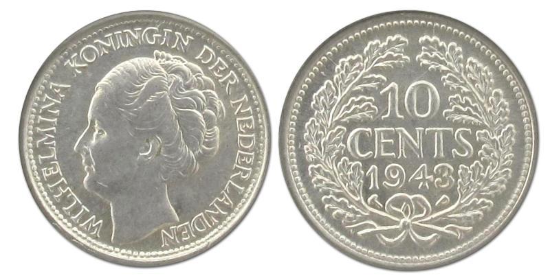 10 cent Wilhelmina 1943 PP. Prachtig / FDC.                                                                                                                                                                                                                    
