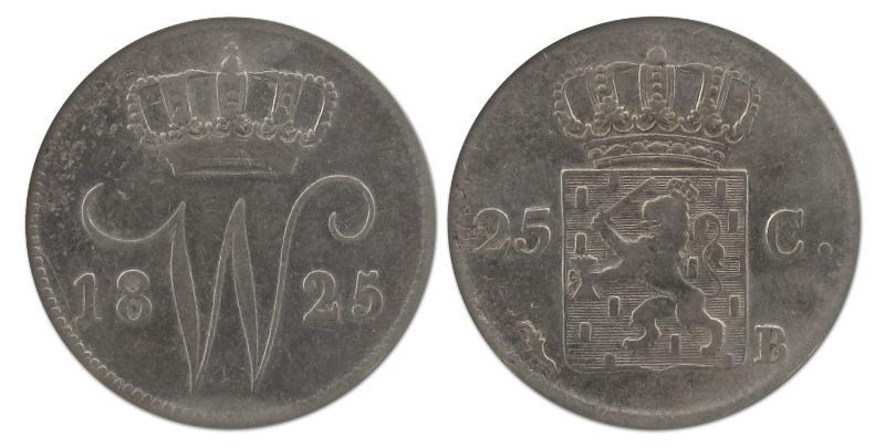 25 cent Willem I 1825 B. Zeer Fraai -.                                                                                                                                                                                                                         