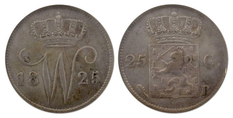 25 cent Willem I 1825 B. Fraai / Zeer Fraai.                                                                                                                                                                                                                   
