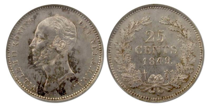 25 cent Willem II 1849. Zeer Fraai / Prachtig.                                                                                                                                                                                                                 