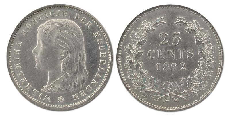 25 cent Wilhelmina 1892. Prachtig +.                                                                                                                                                                                                                           