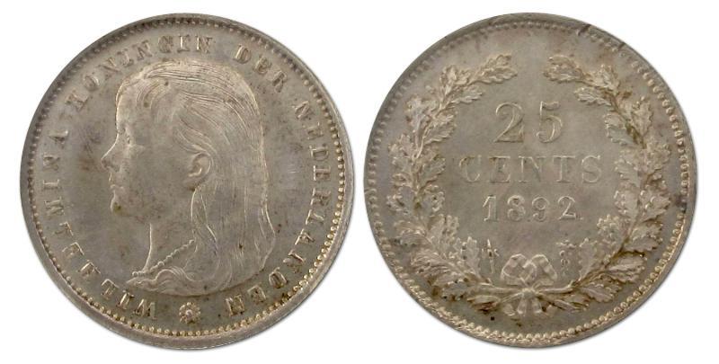 25 cent Wilhelmina 1892. Zeer Fraai / Prachtig.                                                                                                                                                                                                                