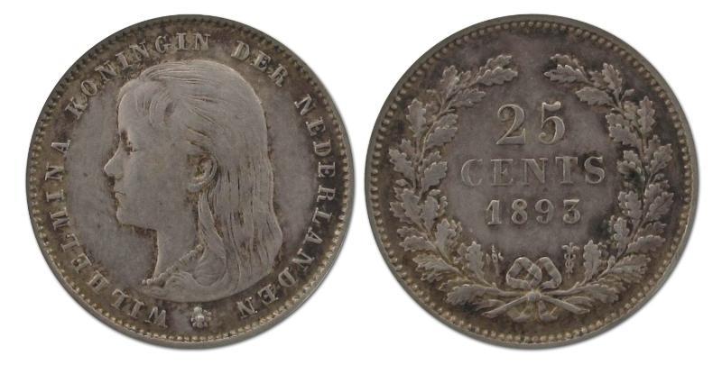 25 cent Wilhelmina 1893. Zeer Fraai.                                                                                                                                                                                                                           