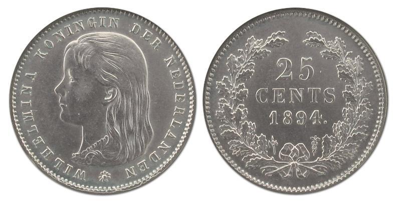 25 cent Wilhelmina 1894. Prachtig / FDC.                                                                                                                                                                                                                       