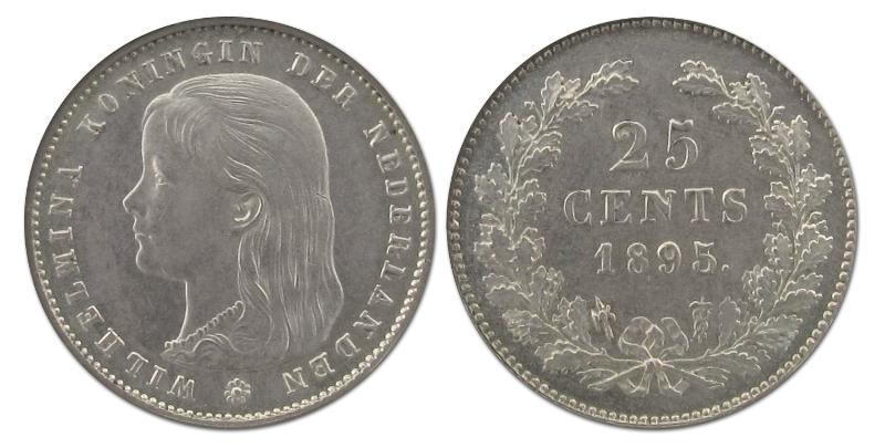 25 cent Wilhelmina 1895 Schuin mmt. Prachtig.                                                                                                                                                                                                                  