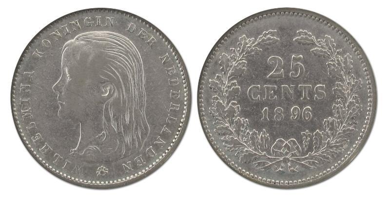 25 cent Wilhelmina 1896. Fraai / Zeer Fraai.                                                                                                                                                                                                                   