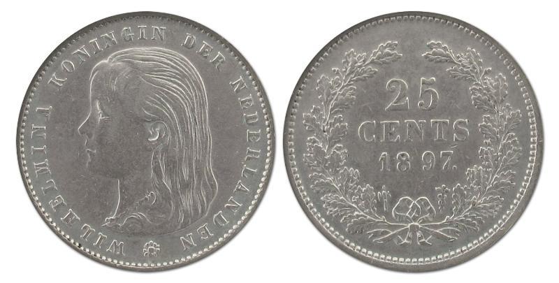 25 cent Wilhelmina 1897. Zeer Fraai / Prachtig.                                                                                                                                                                                                                