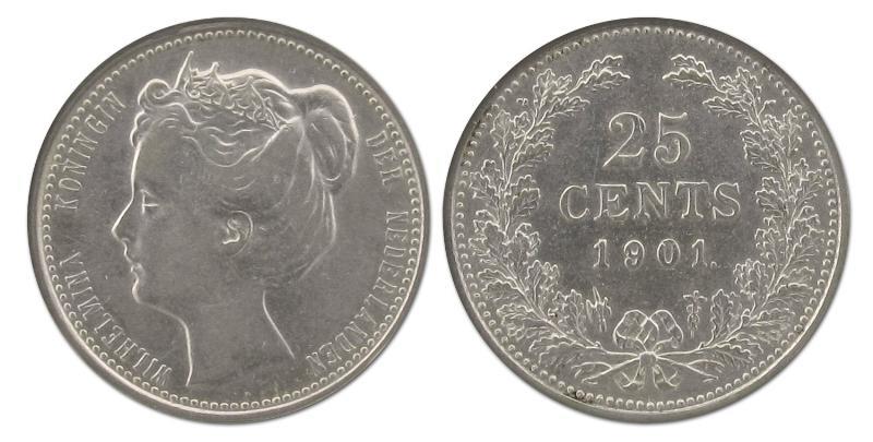 25 cent Wilhelmina 1901 Smalle hals. Zeer Fraai / Prachtig.                                                                                                                                                                                                    