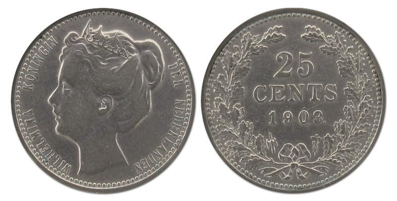 25 cent Wilhelmina 1903. Zeer Fraai +.                                                                                                                                                                                                                         