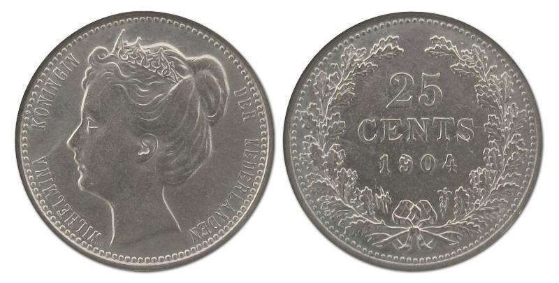 25 cent Wilhelmina 1904. Prachtig -.                                                                                                                                                                                                                           