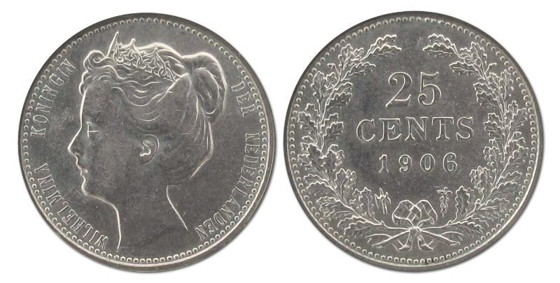 25 cent Wilhelmina 1906. Prachtig -.                                                                                                                                                                                                                           