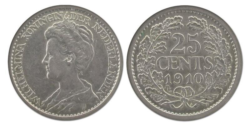 25 cent Wilhelmina 1910. Prachtig.                                                                                                                                                                                                                             