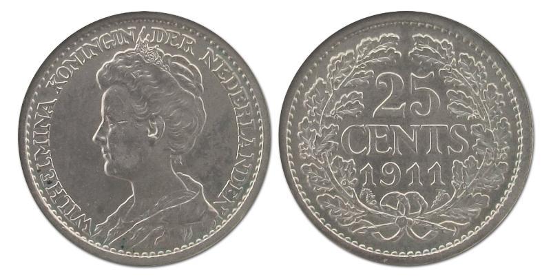 25 cent Wilhelmina 1911. FDC -.                                                                                                                                                                                                                                