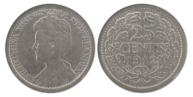 25 cent Wilhelmina 1912. Fraai +.                                                                                                                                                                                                                              