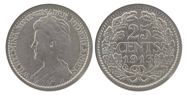 25 cent Wilhelmina 1913. Zeer Fraai.                                                                                                                                                                                                                           