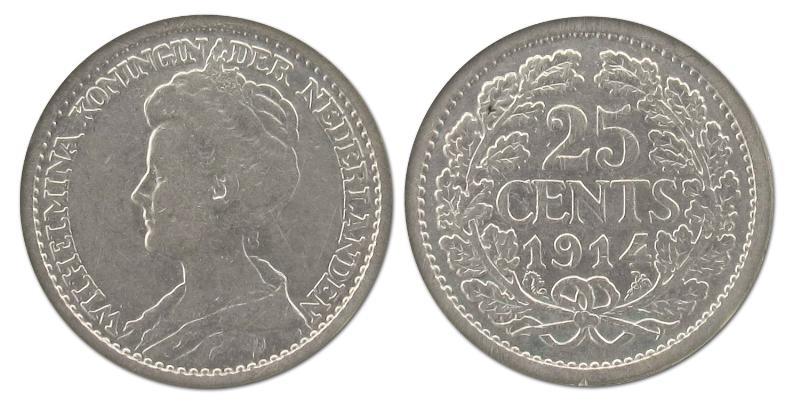25 cent Wilhelmina 1914. Fraai / Zeer Fraai.                                                                                                                                                                                                                   