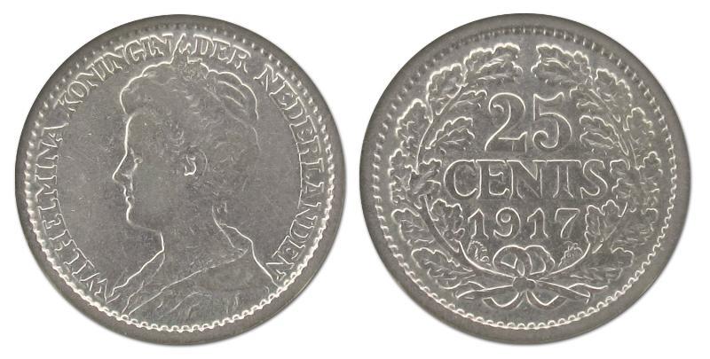 25 cent Wilhelmina 1917. Zeer Fraai.                                                                                                                                                                                                                           