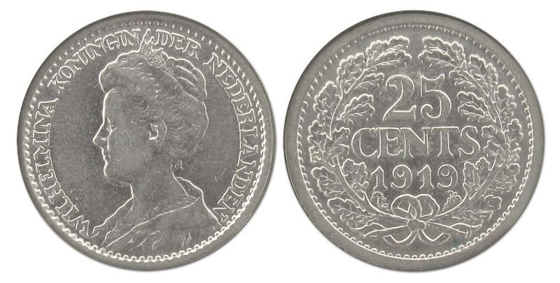 25 cent Wilhelmina 1919. Prachtig -.                                                                                                                                                                                                                           