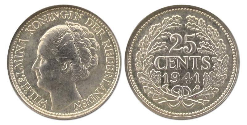 25 cent Wilhelmina 1941 PP. Prachtig.                                                                                                                                                                                                                          