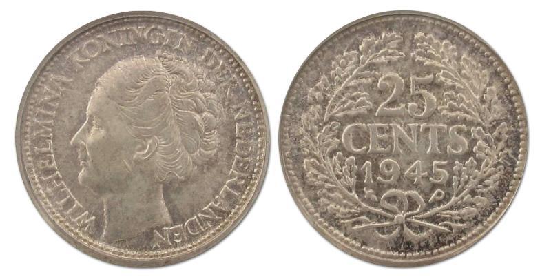 25 cent Wilhelmina 1945. Prachtig.                                                                                                                                                                                                                             