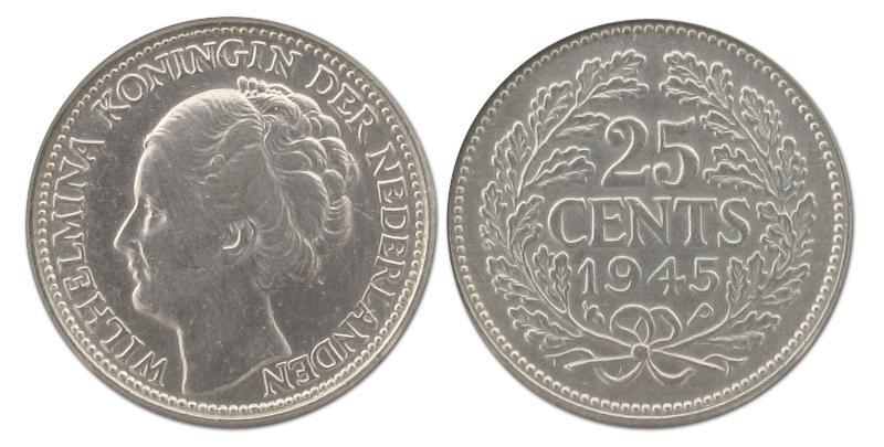 25 cent Wilhelmina 1945. Zeer Fraai / Prachtig.                                                                                                                                                                                                                