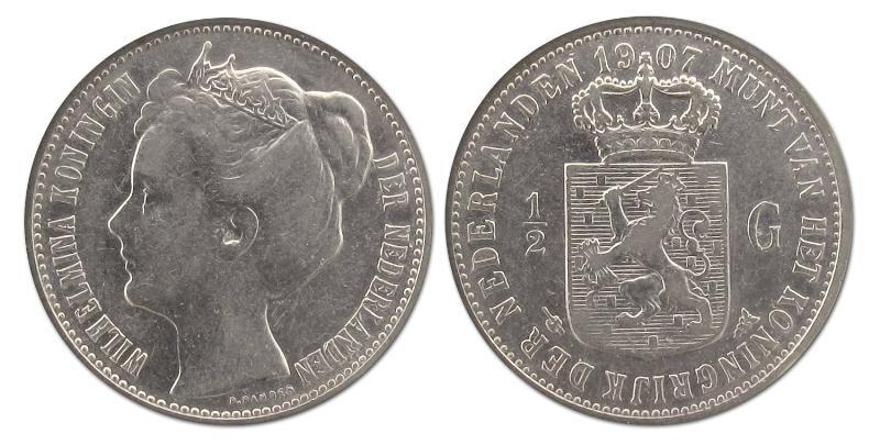 1/2 gulden Wilhelmina 1907. Zeer Fraai.                                                                                                                                                                                                                        