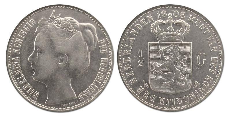 1/2 gulden Wilhelmina 1908. Prachtig -.                                                                                                                                                                                                                        