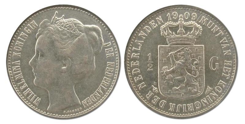 1/2 gulden Wilhelmina 1909. Prachtig.                                                                                                                                                                                                                          
