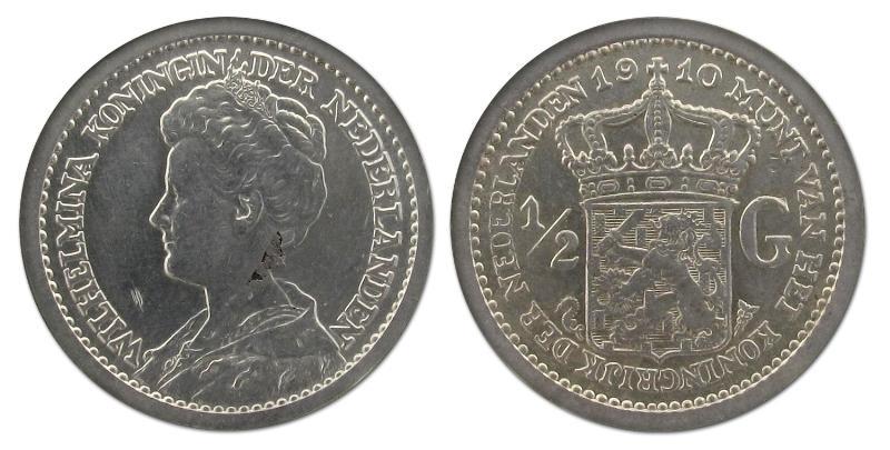 1/2 gulden Wilhelmina 1910. Prachtig.                                                                                                                                                                                                                          