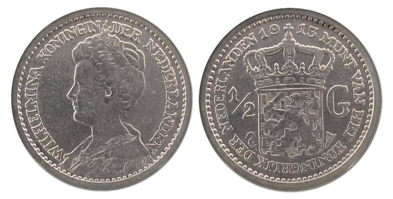 1/2 gulden Wilhelmina 1913. Zeer Fraai +.                                                                                                                                                                                                                      