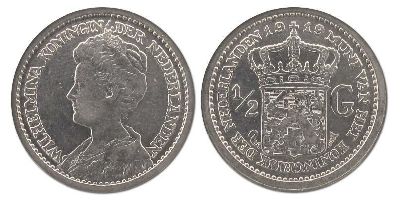 1/2 gulden Wilhelmina 1919. Zeer Fraai +.                                                                                                                                                                                                                      