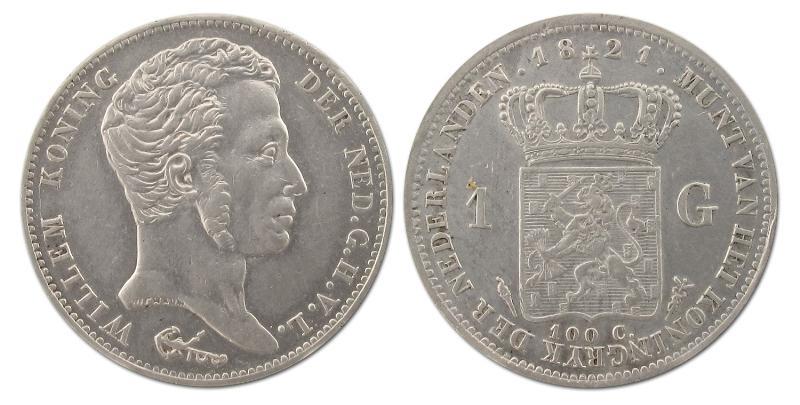 1 gulden Willem I 1821 U. Zeer Fraai / Prachtig.                                                                                                                                                                                                               