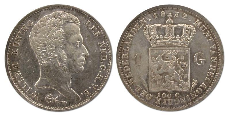 1 gulden Willem I 1832 U . Zeer Fraai +.                                                                                                                                                                                                                       
