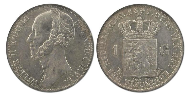 1 gulden Willem II 1843. Zeer Fraai +.                                                                                                                                                                                                                         