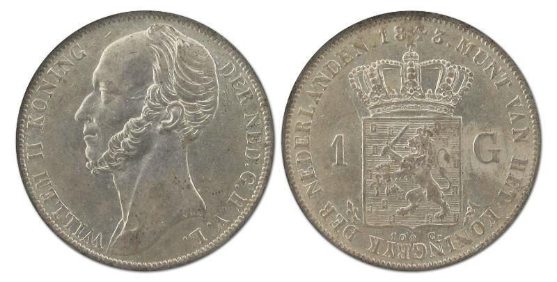 1 gulden Willem II 1843. Zeer Fraai / Prachtig.                                                                                                                                                                                                                