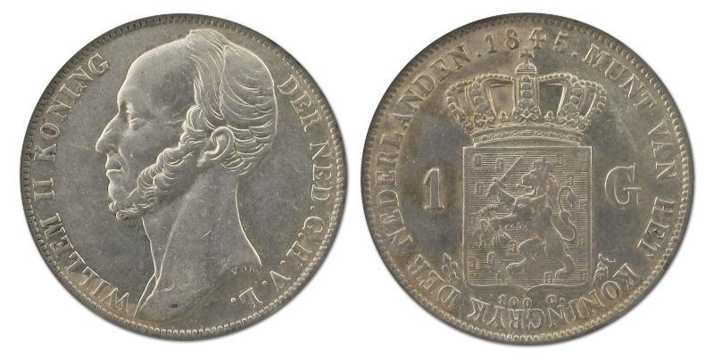 1 gulden Willem II 1845. Zeer Fraai / Prachtig.                                                                                                                                                                                                                